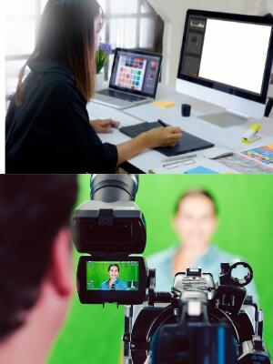 a photo of a Graphic Designer and a photo of a camera recording a person on a green screen