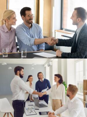 Two photos of a banker shaking hands with customers