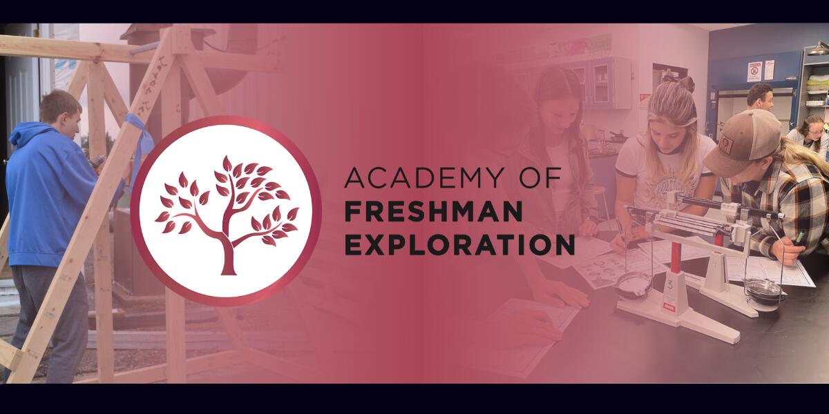 Freshman Exploration Logo with pictures of students performing projects