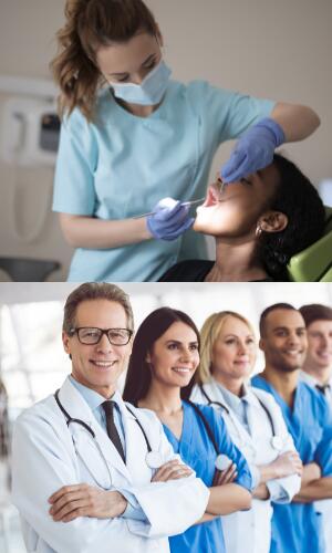Picture of dental hygienist cleaning teeth and a picture of a group or doctors 