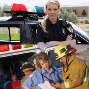 A picture of a policer officer and a picture of an EMT talking with a firefighter