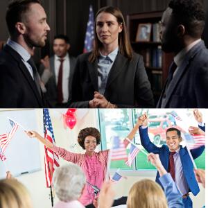 A picture of three attorneys talking and a picture of a group of people with their hands up waving American flags