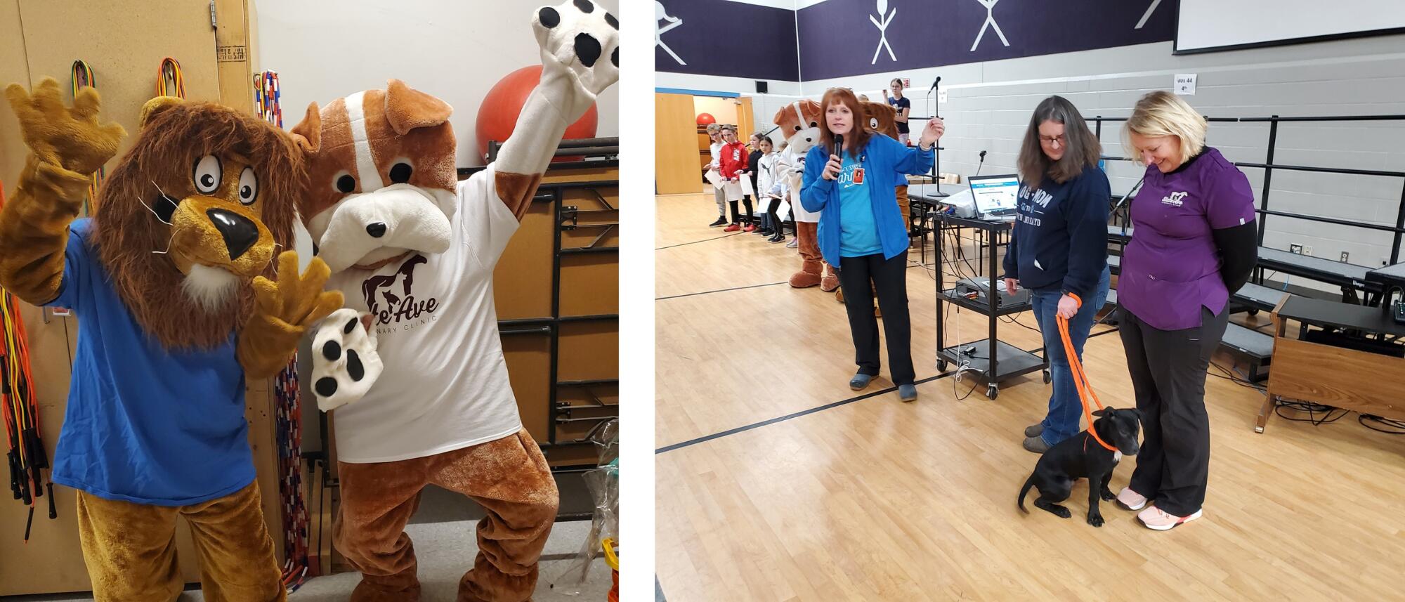 Student Council Fundraiser Activities: Lincoln Lion and Principal Tammy Peterson during the assembly